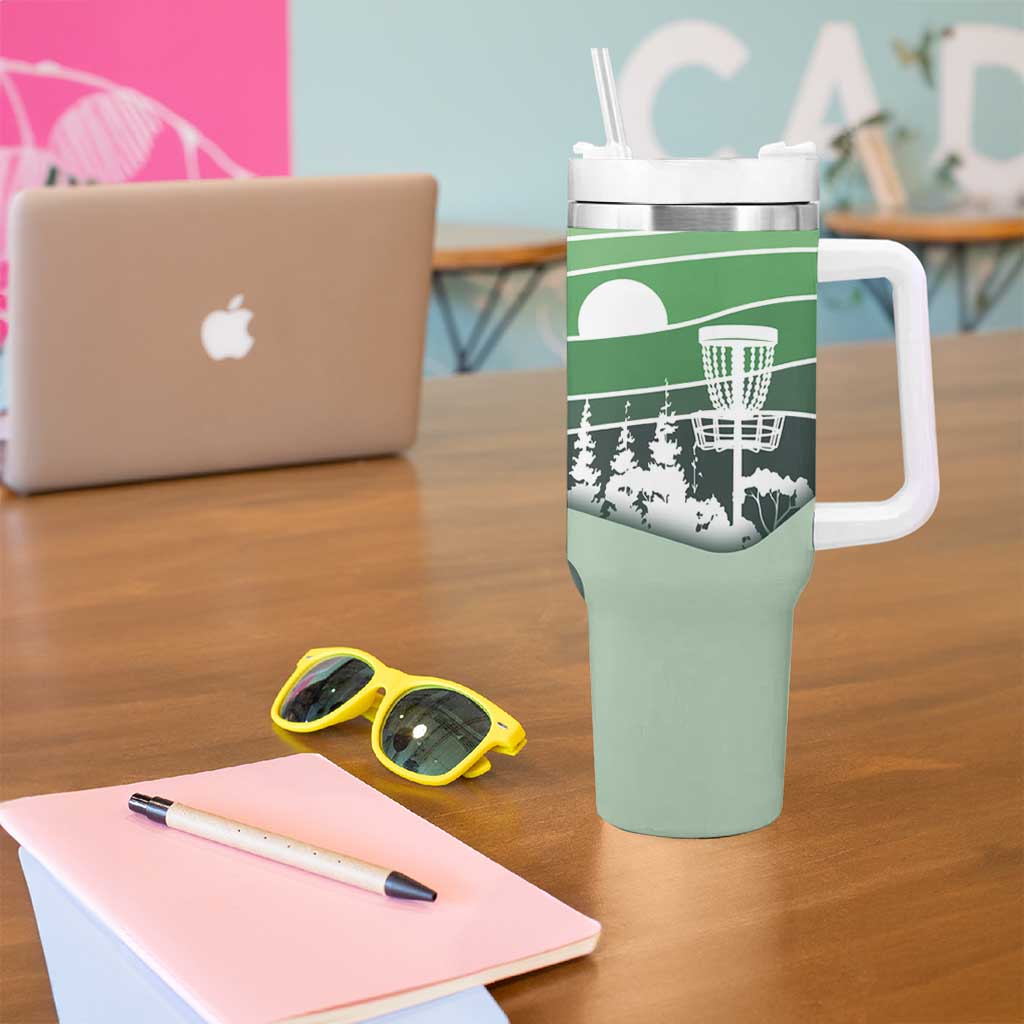 Custom Disc Golf Tumbler With Handle with Forest Landscape Basket Silhouette - Wonder Print Shop