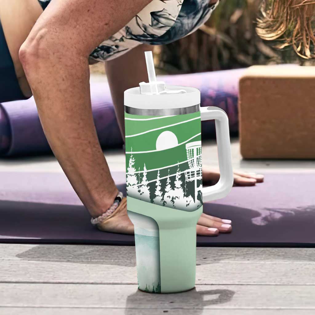 Custom Disc Golf Tumbler With Handle with Forest Landscape Basket Silhouette - Wonder Print Shop