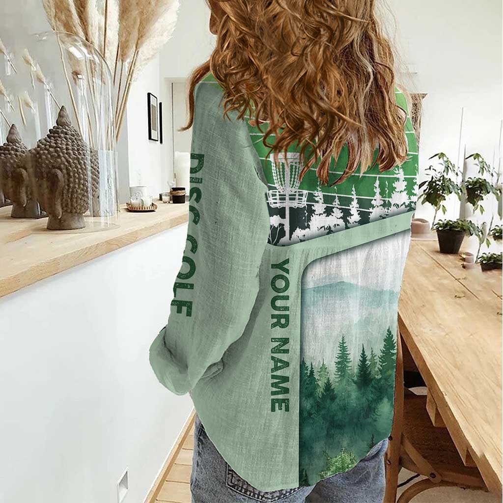 Custom Disc Golf Women Casual Shirt with Forest Landscape Basket Silhouette - Wonder Print Shop