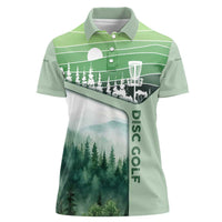 Custom Disc Golf Women Polo Shirt with Forest Landscape Basket Silhouette - Wonder Print Shop