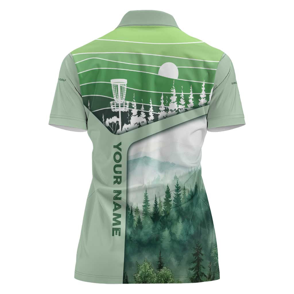 Custom Disc Golf Women Polo Shirt with Forest Landscape Basket Silhouette - Wonder Print Shop