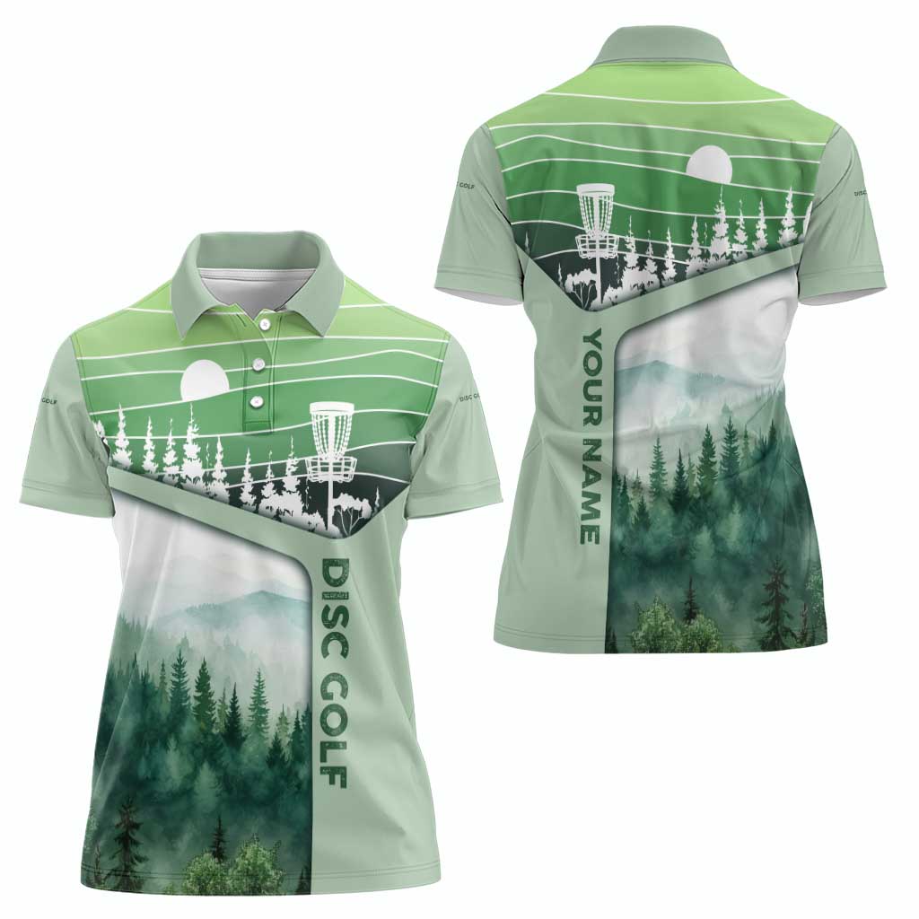 Custom Disc Golf Women Polo Shirt with Forest Landscape Basket Silhouette - Wonder Print Shop