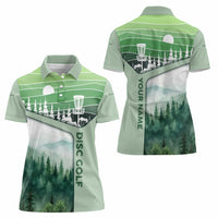 Custom Disc Golf Women Polo Shirt with Forest Landscape Basket Silhouette - Wonder Print Shop