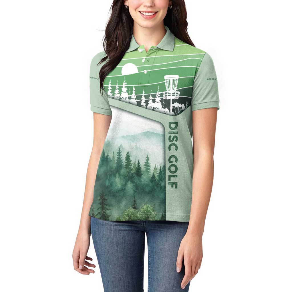 Custom Disc Golf Women Polo Shirt with Forest Landscape Basket Silhouette - Wonder Print Shop