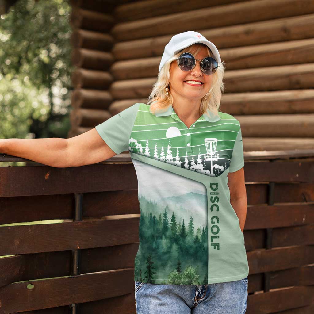 Custom Disc Golf Women Polo Shirt with Forest Landscape Basket Silhouette - Wonder Print Shop