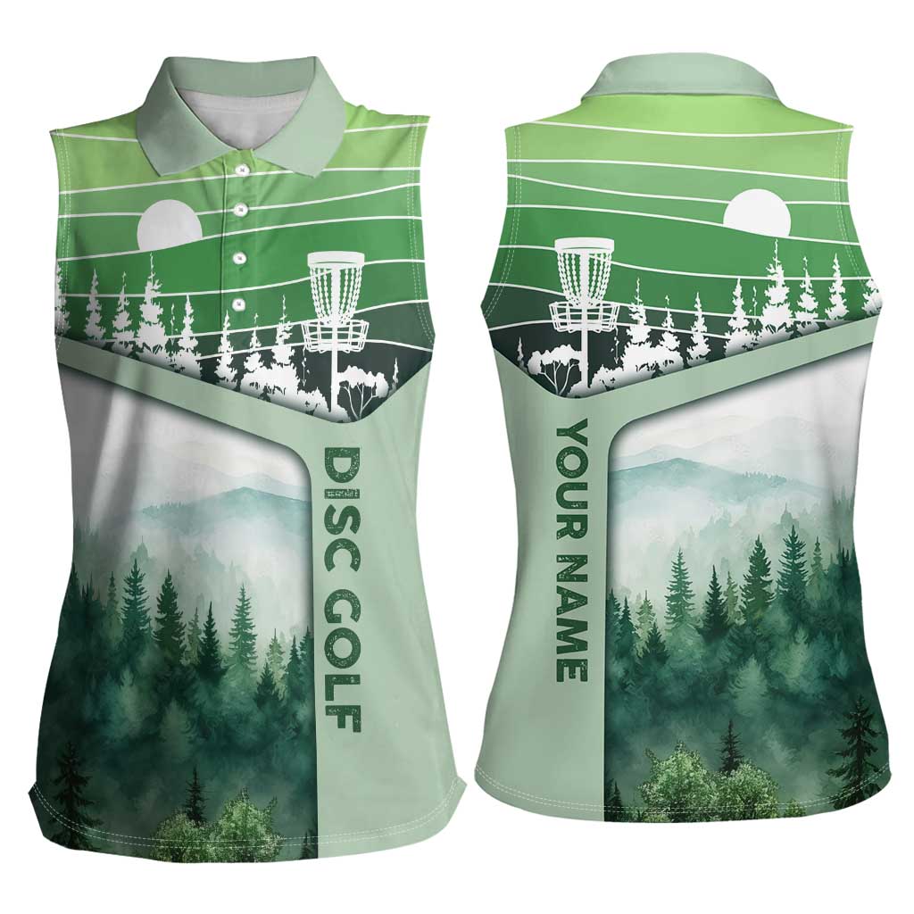 Custom Disc Golf Women Sleeveless Polo Shirt with Forest Landscape Basket Silhouette - Wonder Print Shop