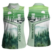Custom Disc Golf Women Sleeveless Polo Shirt with Forest Landscape Basket Silhouette - Wonder Print Shop