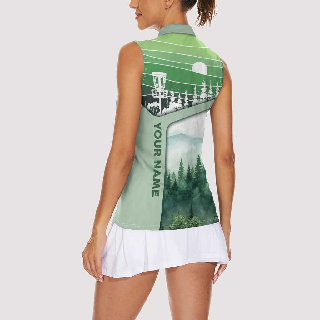 Custom Disc Golf Women Sleeveless Polo Shirt with Forest Landscape Basket Silhouette - Wonder Print Shop