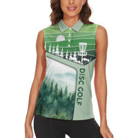 Custom Disc Golf Women Sleeveless Polo Shirt with Forest Landscape Basket Silhouette - Wonder Print Shop