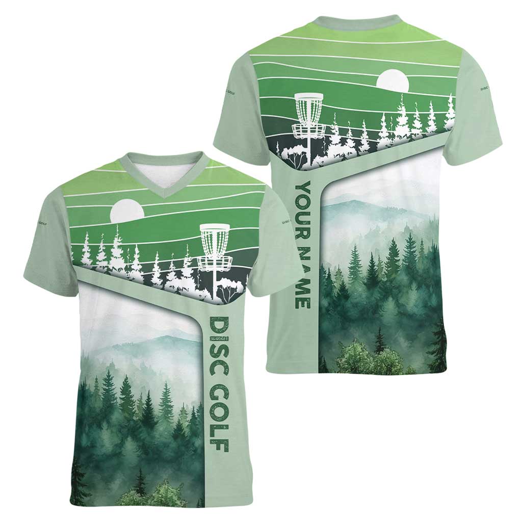 Custom Disc Golf Women V-Neck T-Shirt with Forest Landscape Basket Silhouette - Wonder Print Shop