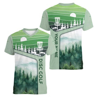 Custom Disc Golf Women V-Neck T-Shirt with Forest Landscape Basket Silhouette - Wonder Print Shop
