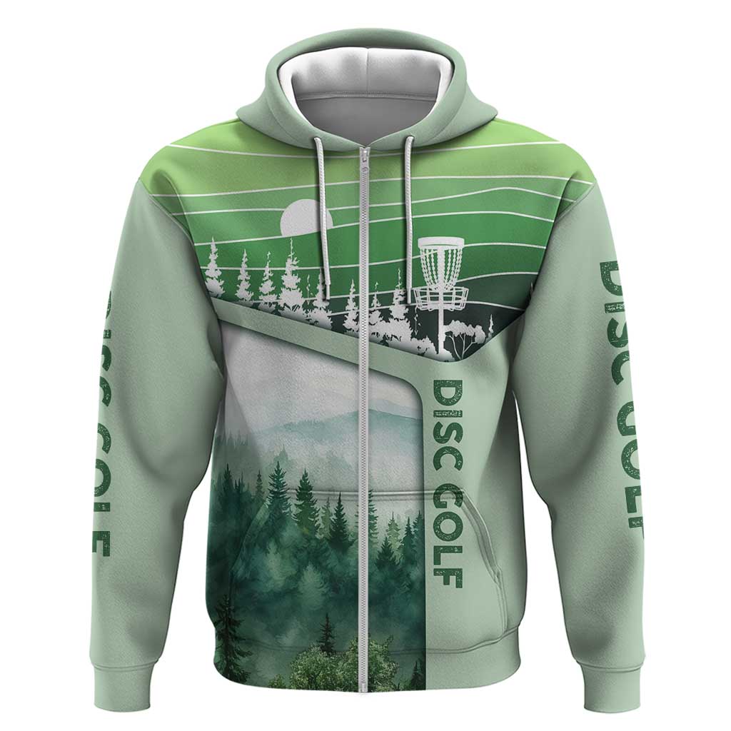 Custom Disc Golf Zip Hoodie with Forest Landscape Basket Silhouette - Wonder Print Shop