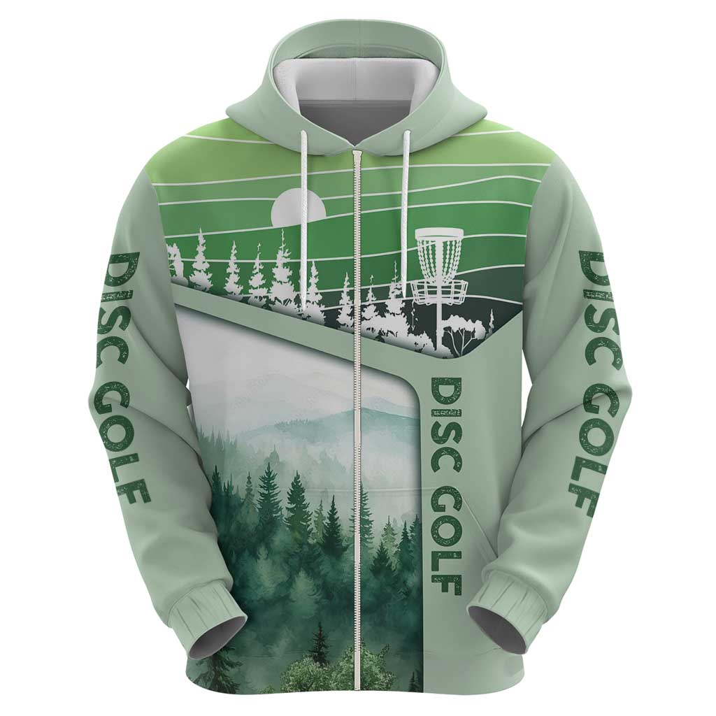 Custom Disc Golf Zip Hoodie with Forest Landscape Basket Silhouette - Wonder Print Shop