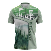 Custom Disc Golf Zipper Polo Shirt with Forest Landscape Basket Silhouette - Wonder Print Shop