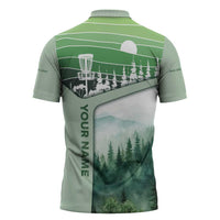 Custom Disc Golf Zipper Polo Shirt with Forest Landscape Basket Silhouette - Wonder Print Shop