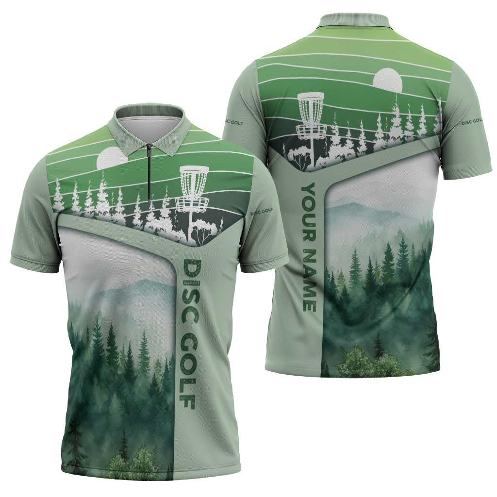 Custom Disc Golf Zipper Polo Shirt with Forest Landscape Basket Silhouette - Wonder Print Shop
