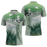 Custom Disc Golf Zipper Polo Shirt with Forest Landscape Basket Silhouette - Wonder Print Shop