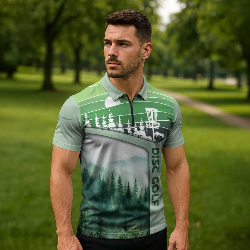 Custom Disc Golf Zipper Polo Shirt with Forest Landscape Basket Silhouette - Wonder Print Shop