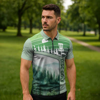 Custom Disc Golf Zipper Polo Shirt with Forest Landscape Basket Silhouette - Wonder Print Shop