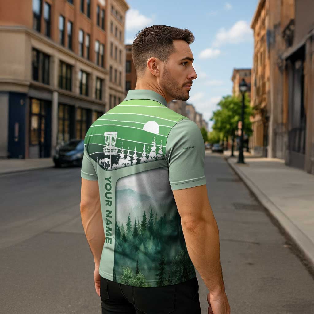 Custom Disc Golf Zipper Polo Shirt with Forest Landscape Basket Silhouette - Wonder Print Shop