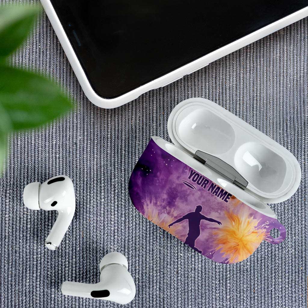 Custom Disc Golf AirPods Case with Purple Sunset Tie Dye Basket and Player Silhouette - Wonder Print Shop
