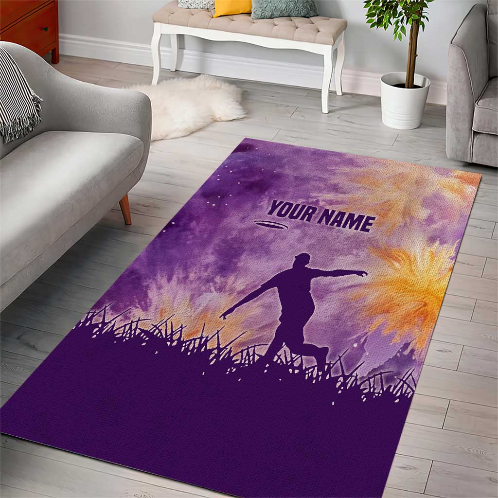Custom Disc Golf Area Rug with Purple Sunset Tie Dye Basket and Player Silhouette - Wonder Print Shop