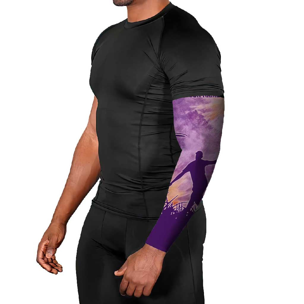 Custom Disc Golf Arm Sleeves with Purple Sunset Tie Dye Basket and Player Silhouette - Wonder Print Shop
