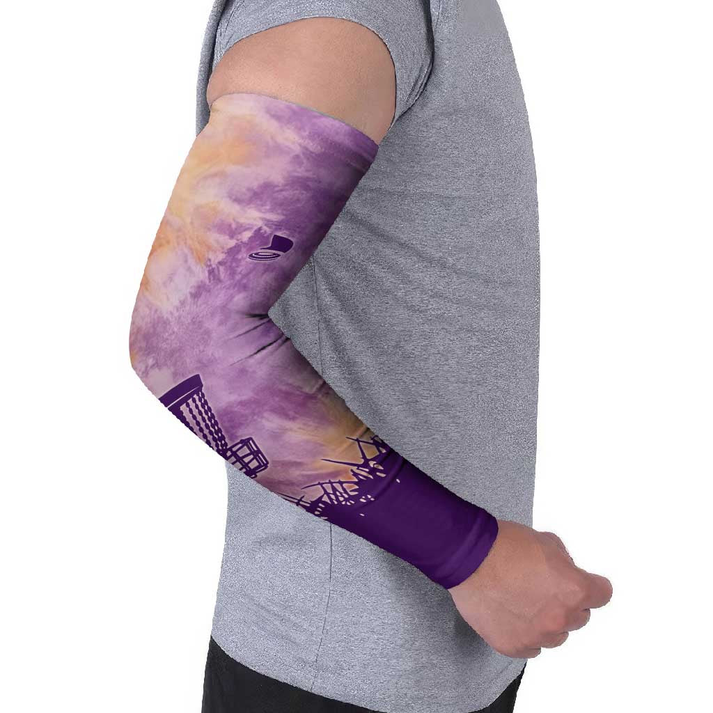 Custom Disc Golf Arm Sleeves with Purple Sunset Tie Dye Basket and Player Silhouette - Wonder Print Shop