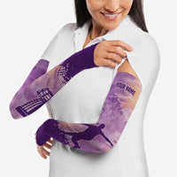 Custom Disc Golf Arm Sleeves with Purple Sunset Tie Dye Basket and Player Silhouette - Wonder Print Shop