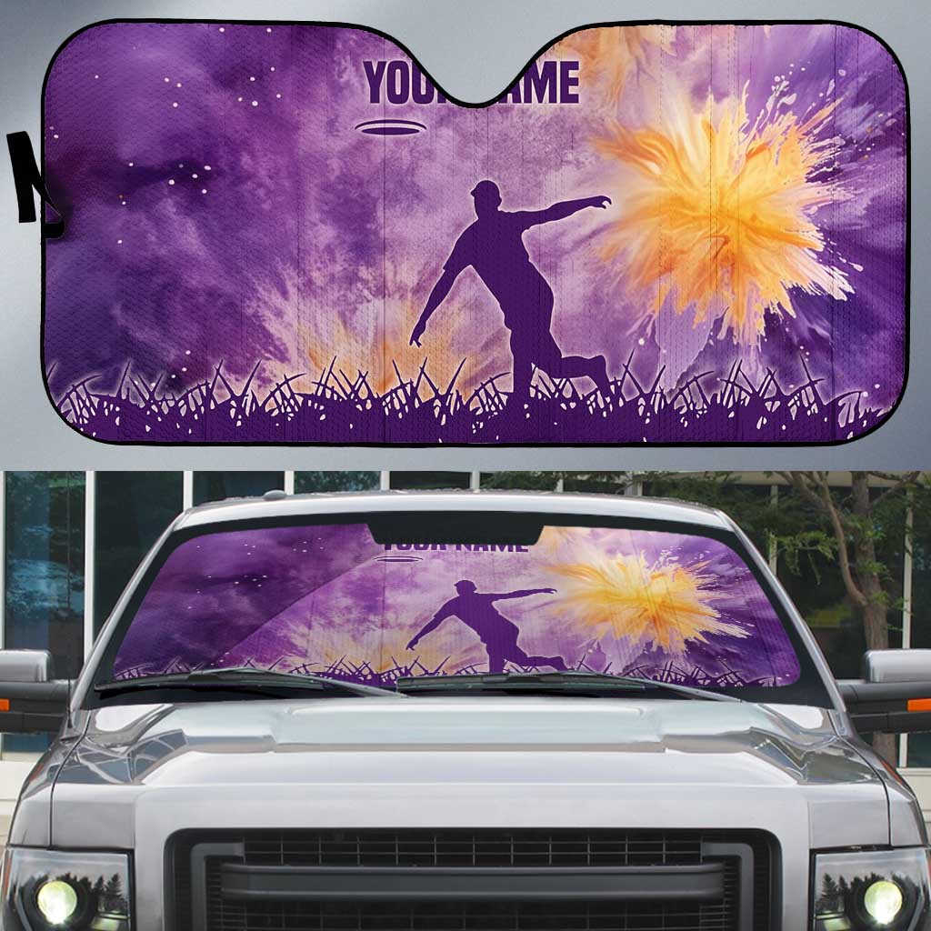 Custom Disc Golf Auto Sun Shade with Purple Sunset Tie Dye Basket and Player Silhouette - Wonder Print Shop
