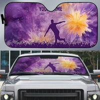 Custom Disc Golf Auto Sun Shade with Purple Sunset Tie Dye Basket and Player Silhouette - Wonder Print Shop