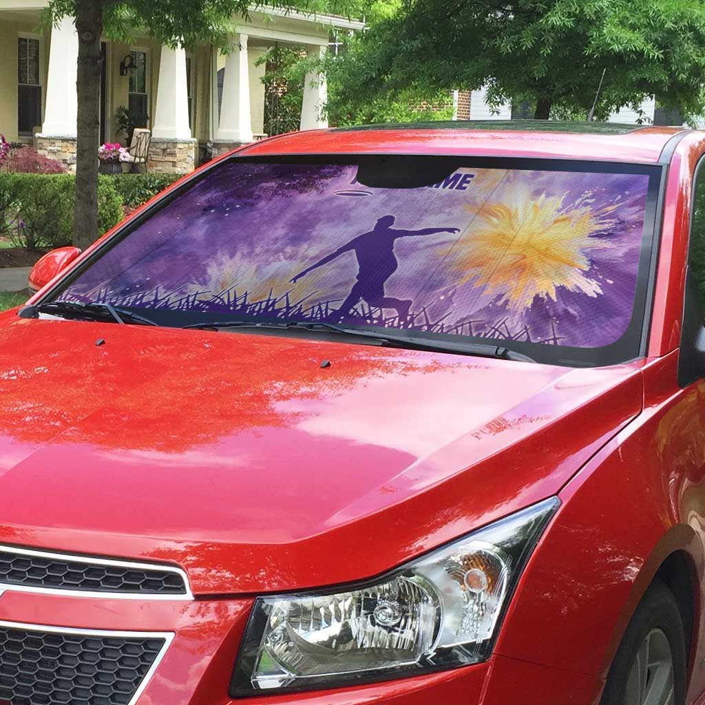 Custom Disc Golf Auto Sun Shade with Purple Sunset Tie Dye Basket and Player Silhouette - Wonder Print Shop