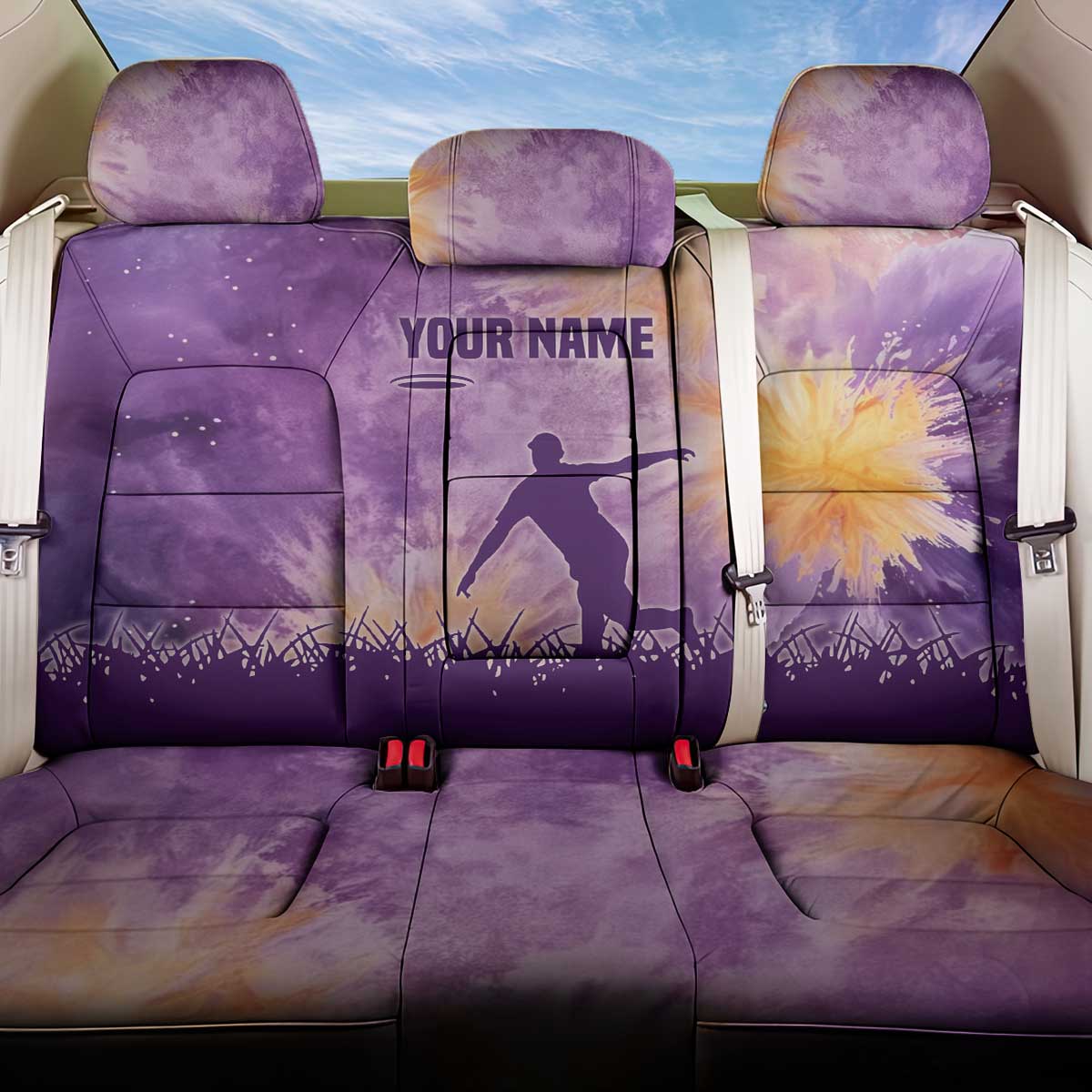 Custom Disc Golf Back Car Seat Cover with Purple Sunset Tie Dye Basket and Player Silhouette - Wonder Print Shop
