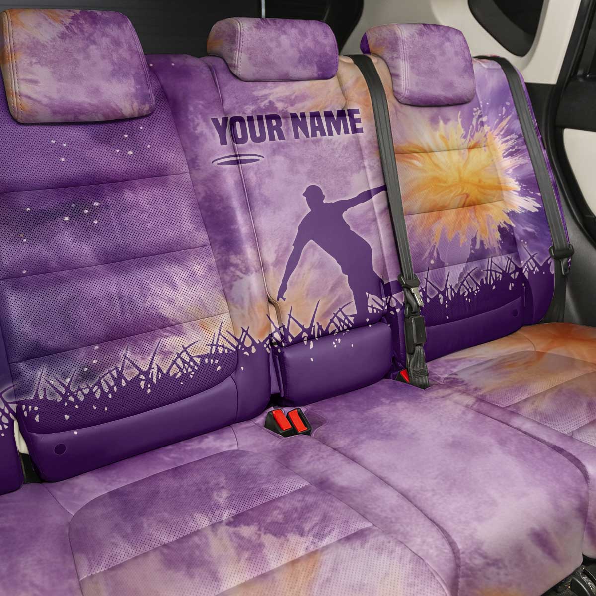 Custom Disc Golf Back Car Seat Cover with Purple Sunset Tie Dye Basket and Player Silhouette - Wonder Print Shop