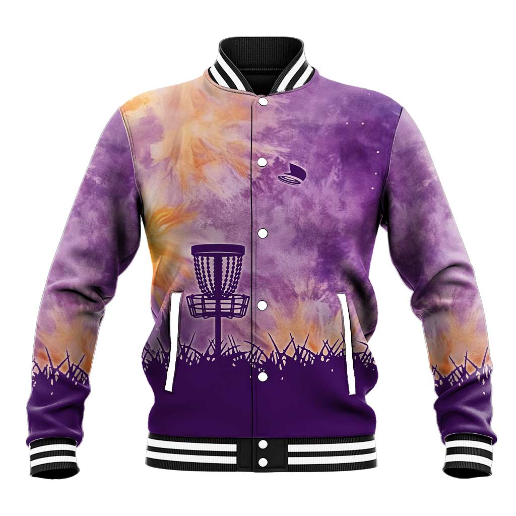 Custom Disc Golf Baseball Jacket with Purple Sunset Tie Dye Basket and Player Silhouette - Wonder Print Shop