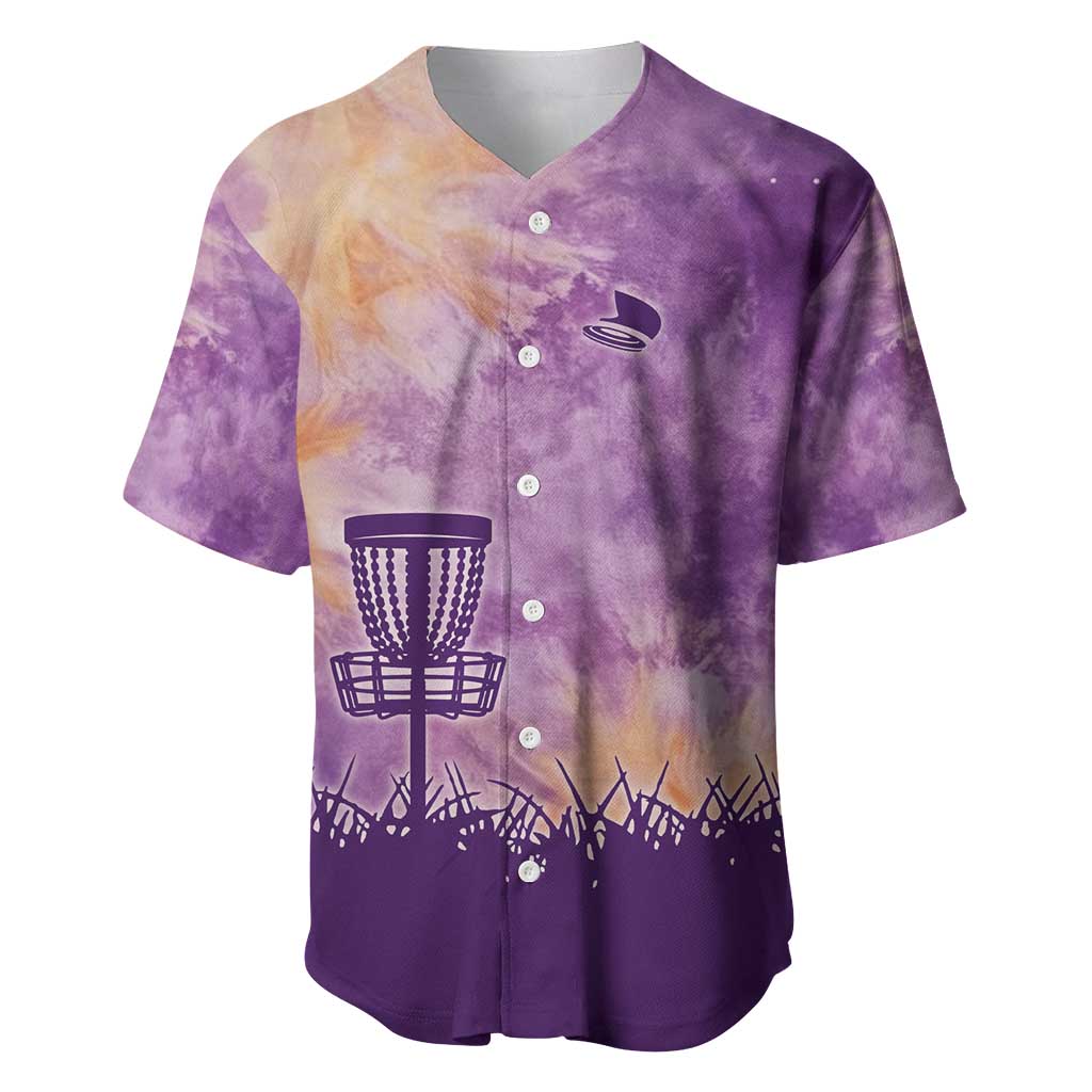 Custom Disc Golf Baseball Jersey with Purple Sunset Tie Dye Basket and Player Silhouette - Wonder Print Shop