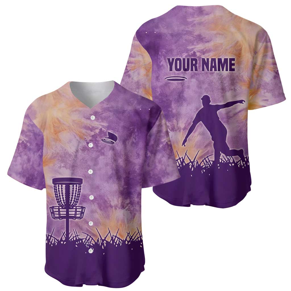 Custom Disc Golf Baseball Jersey with Purple Sunset Tie Dye Basket and Player Silhouette - Wonder Print Shop