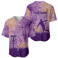 Custom Disc Golf Baseball Jersey with Purple Sunset Tie Dye Basket and Player Silhouette - Wonder Print Shop