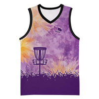 Custom Disc Golf Basketball Jersey with Purple Sunset Tie Dye Basket and Player Silhouette - Wonder Print Shop