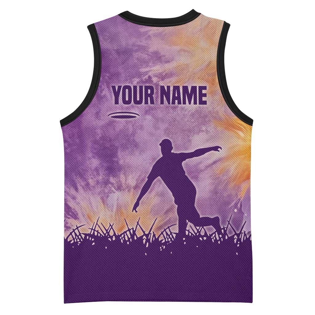 Custom Disc Golf Basketball Jersey with Purple Sunset Tie Dye Basket and Player Silhouette - Wonder Print Shop