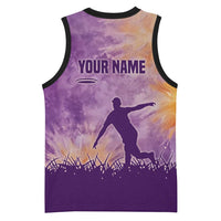 Custom Disc Golf Basketball Jersey with Purple Sunset Tie Dye Basket and Player Silhouette - Wonder Print Shop