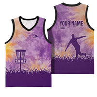 Custom Disc Golf Basketball Jersey with Purple Sunset Tie Dye Basket and Player Silhouette - Wonder Print Shop