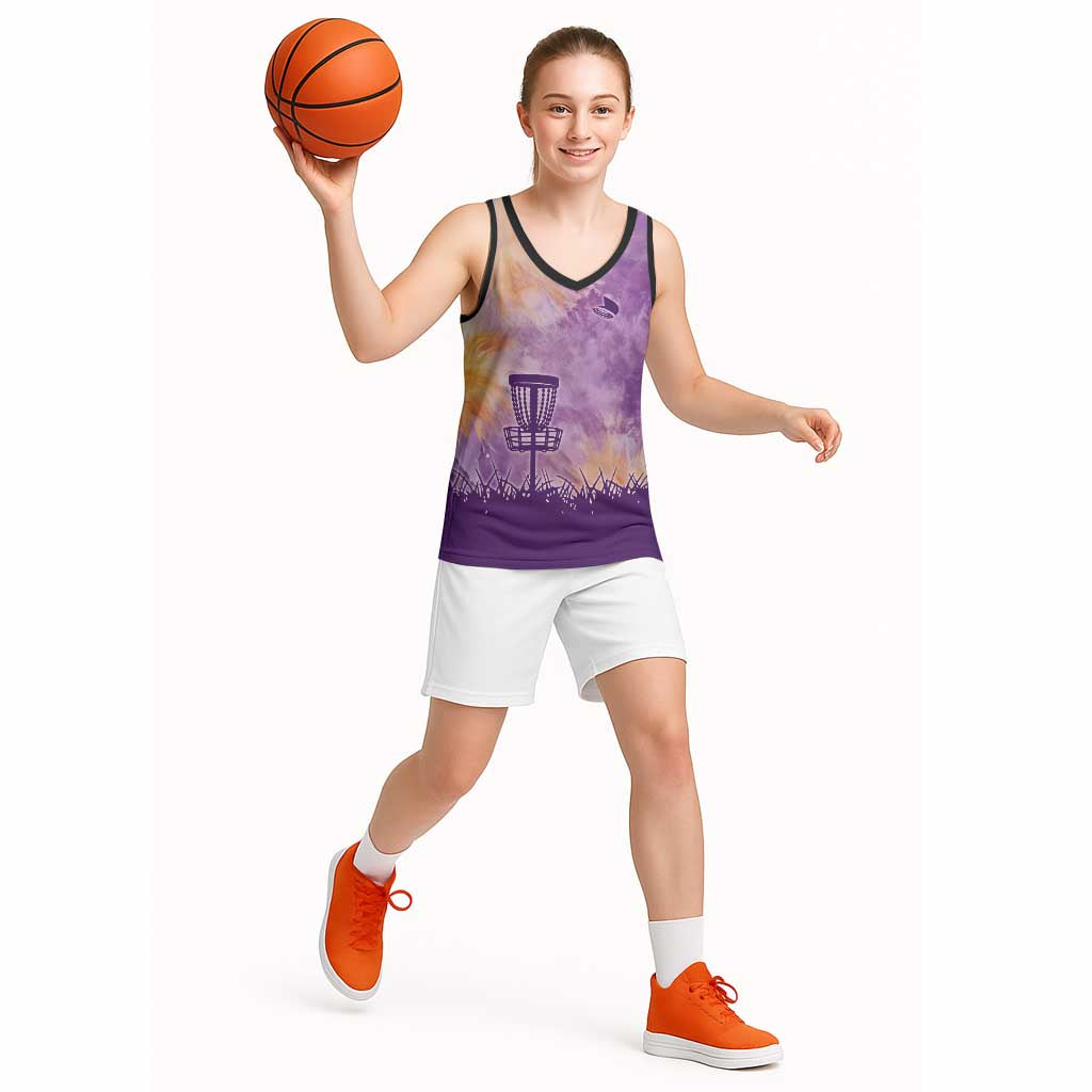 Custom Disc Golf Basketball Jersey with Purple Sunset Tie Dye Basket and Player Silhouette - Wonder Print Shop