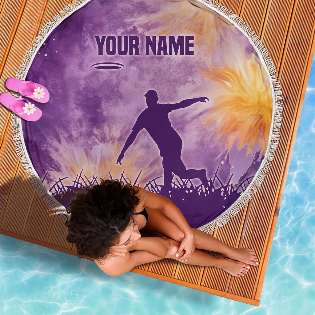 Custom Disc Golf Beach Blanket with Purple Sunset Tie Dye Basket and Player Silhouette - Wonder Print Shop