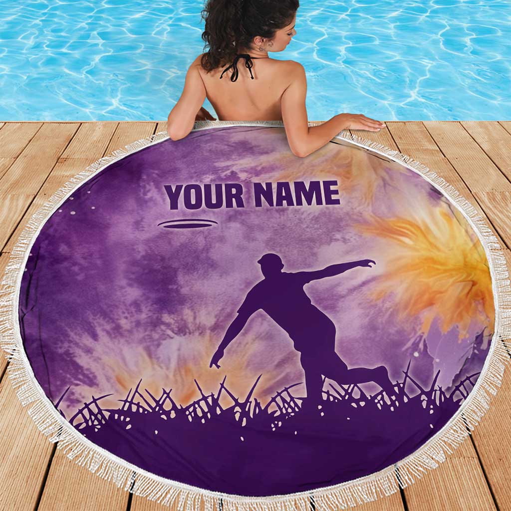 Custom Disc Golf Beach Blanket with Purple Sunset Tie Dye Basket and Player Silhouette - Wonder Print Shop