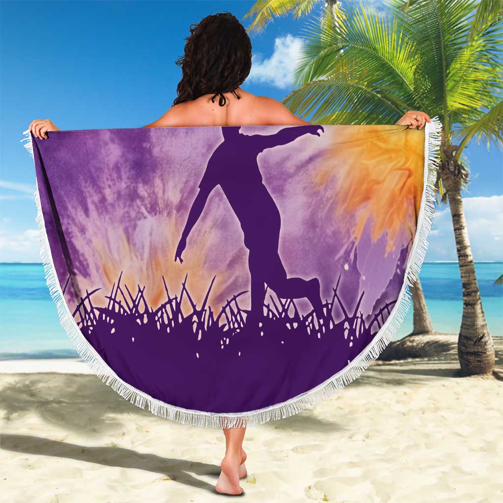 Custom Disc Golf Beach Blanket with Purple Sunset Tie Dye Basket and Player Silhouette - Wonder Print Shop