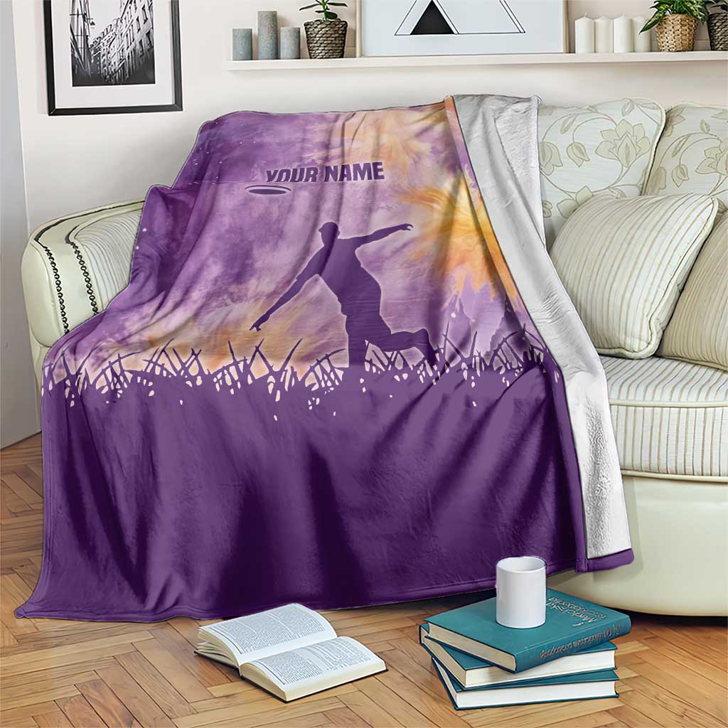 Custom Disc Golf Blanket with Purple Sunset Tie Dye Basket and Player Silhouette - Wonder Print Shop
