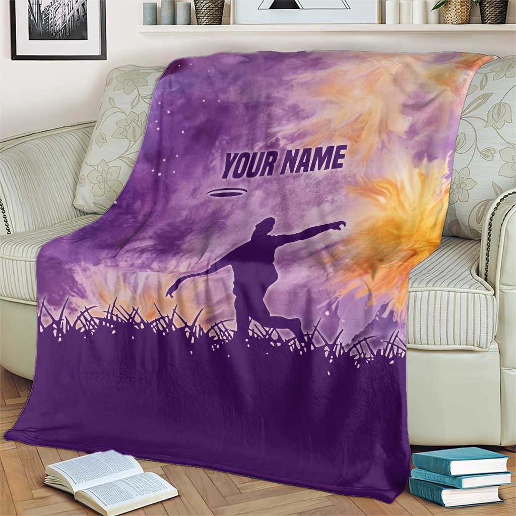 Custom Disc Golf Blanket with Purple Sunset Tie Dye Basket and Player Silhouette - Wonder Print Shop