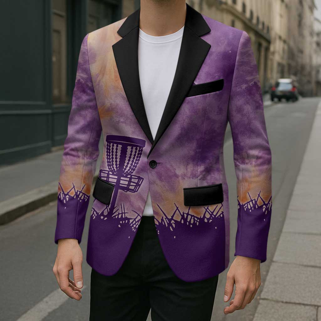 Custom Disc Golf Blazer with Purple Sunset Tie Dye Basket and Player Silhouette - Wonder Print Shop