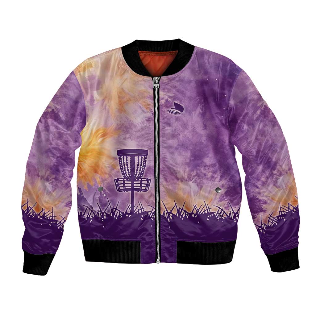 Custom Disc Golf Bomber Jacket with Purple Sunset Tie Dye Basket and Player Silhouette - Wonder Print Shop